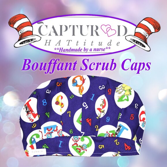 NWOT Handmade Dr. Seuss Bouffant Scrub Cap Surgical Hat, Counting with S… - Picture 1 of 6